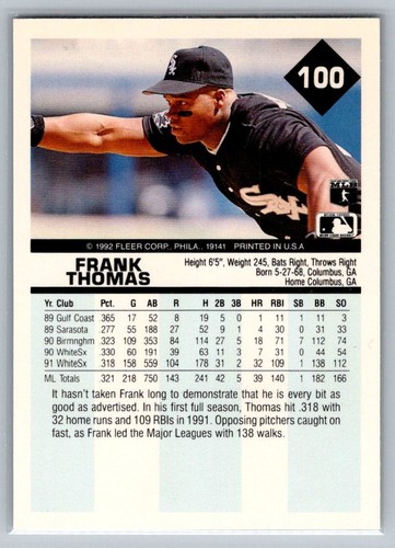 1992 Fleer Frank Thomas #100 - Picture 2 of 2