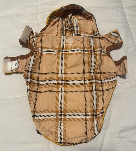 Lightweight Dog Raincoat Bright Yellow/Plaid With Reflective Strip Reversible XS - Picture 6 of 10