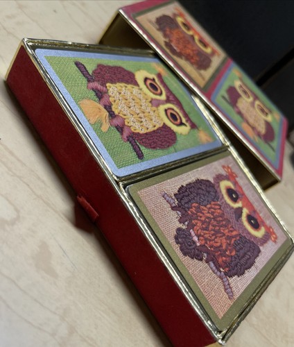 Vintage 2 Full Decks Of Congress Playing Cards Felted Box Stitched Look Old Owls - Picture 6 of 16