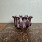 Amethyst Purple White Swirl Art Glass Vase Bowl Candle Holder Ruffled Edge Decor