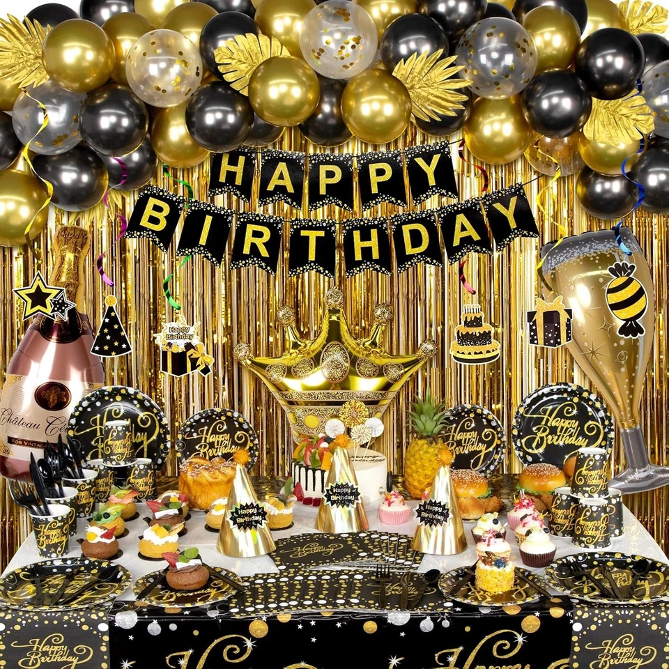 Elegant Black and Gold Birthday Party Supplies Set - 158 Pieces for Men & Women - Image 3 of 4