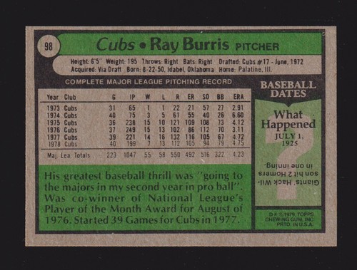 1979 TOPPS #98  Ray Burris  CHICAGO CUBS  EX-MINT+   A - Picture 2 of 2