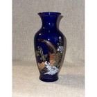 Vintage Cobalt Blue Porcelain Vase Pheasant Bird Floral Bamboo Design 10in