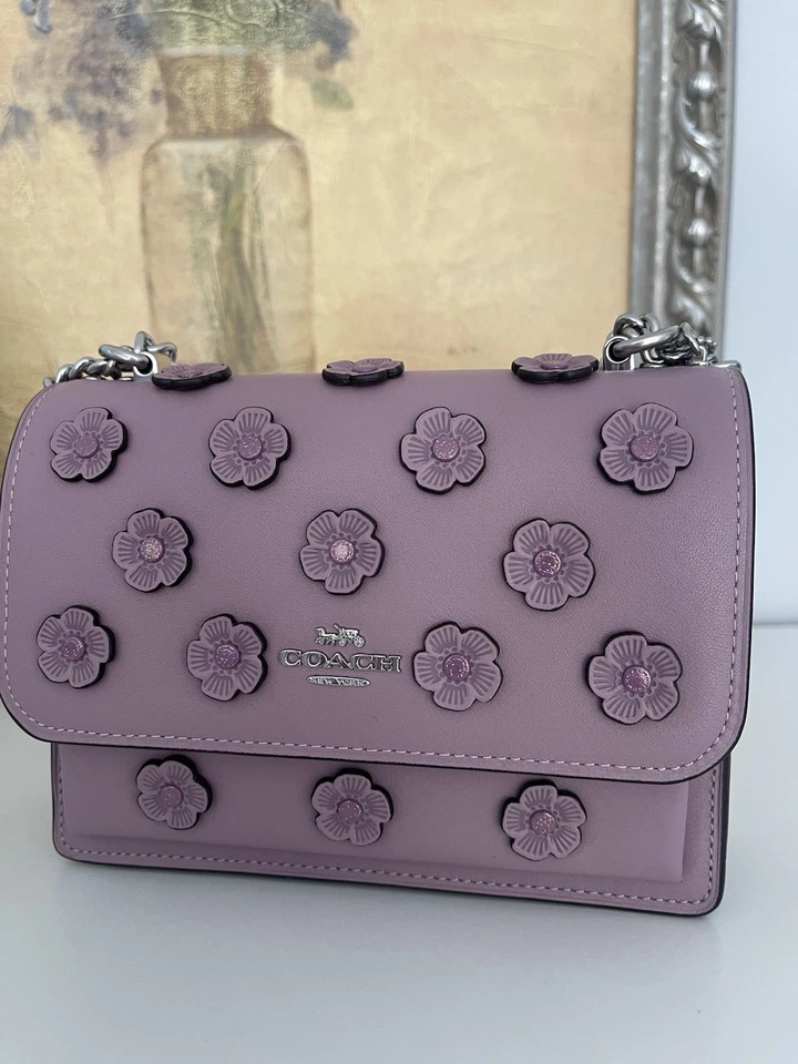 Bolso Bandolera Coach Mini Clare Cuero Con Apliques Florales Plateado Lila Nuevo con Etiquetas Foto 2 de 4