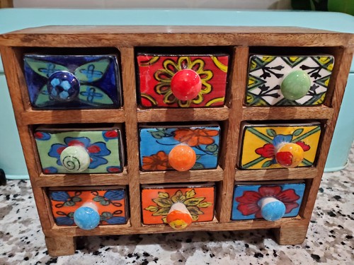 Wooden Apothecary 9 Drawer Vivid Ceramic Tile Hand Painted Chest India NWOT - Picture 1 of 10