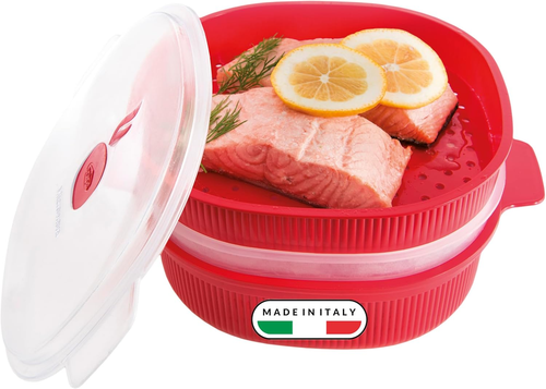 - Vaporiera Microonde Rossa 4L Con 2 Vassoi Sovrapponibili per Doppia Cottura a - Foto 10 di 12