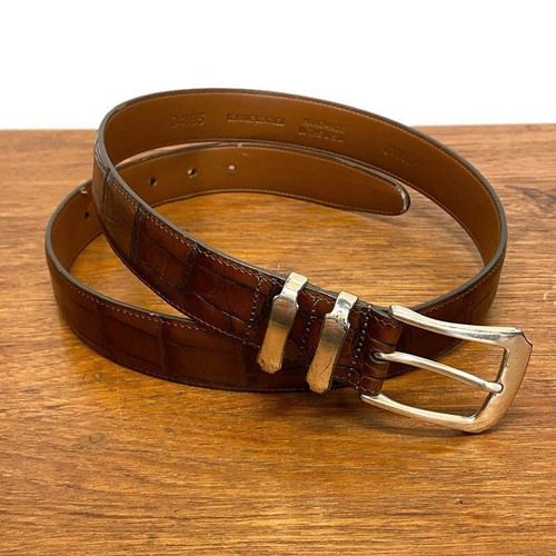 Crookhorn Textured Faux Croc 1.25” Tan Leather Belt Sz 34 Gold Tone 21105 USA - Picture 1 of 13