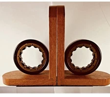 INDUSTRIAL NEEDLE BEARING HAND MADE SOLID OAK STEAMPUNK BOOKENDS RARE, EUC!!!