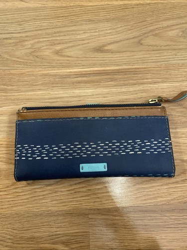Fossil Zippered Bi Fold Wallet Card Holder Blue Aqua White