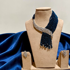 Women  s Blue Silver Crystal Necklace Earrings Jewelry Set Round Clear Stones