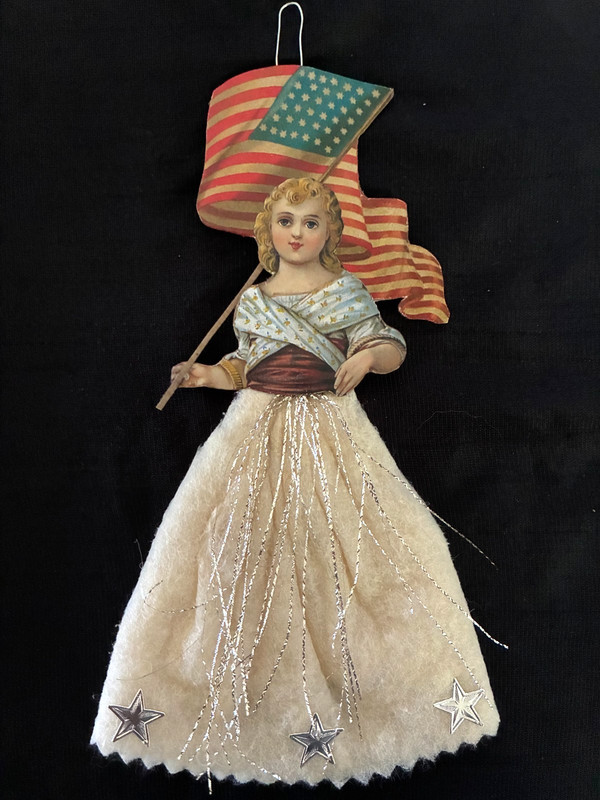 Antique Look Scrap  Ornament  PATRIOTIC,  GIRL w/FLAG,  Cotton SKIRT,   Handmade