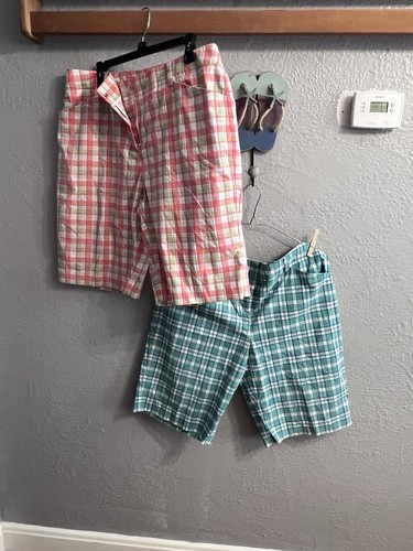 Jones New York Sport Women Size 14 Bermuda Shorts Flat Front Plaid Lot Of 2