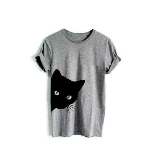 Short Sleeve Hipster Tops Blouse Cat Print T-shirt Women Summer Shirts Cotton - Picture 6 of 11