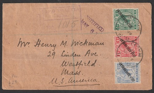 Malta Postgeschichte Reg Cover 1922 Registrierung Handstempel R GPO VALLETTA MALTA