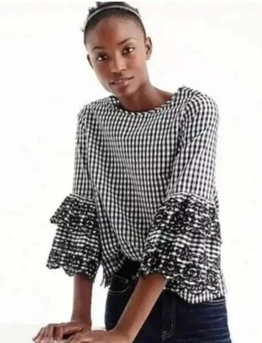 J. Crew Sz 4 Tiered Bell Sleeve Black & White Gingham Plaid Long Sleeve Blouse - Picture 2 of 9