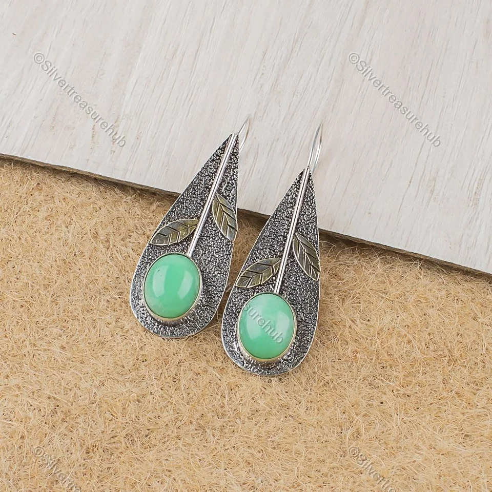 Pendientes colgantes ovalados de plata 925 con piedras preciosas de crisoprasa cumpleaños esposa joyería Foto 4 de 4