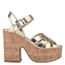 NINE WEST - CHEERS, Gold manmade leather platform sandals 4.5" cork heel, SZ 7.5