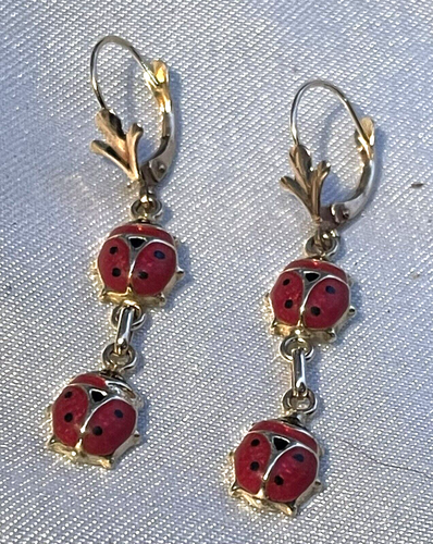 Vintage - 14k Yellow Gold Red Enameled LADYBUG - double drop Leverback Earrings - Picture 4 of 8