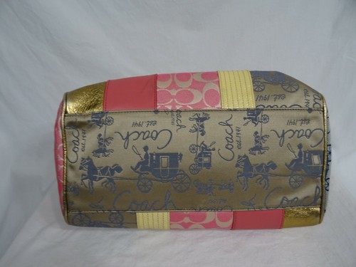 Borsa Coach Signature Logo Patchwork Pelle Manici Oro 12" x 8" - Foto 6 di 12