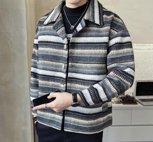 Men's Spring Fashion Lapel Long Sleeve Loose Stripe Jackets Casual Wool Coats - Picture 14 of 14