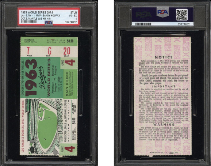 1963 WORLD SERIES GAME 4 DODGERS CLINCHER TICKET🎟KOUFAX MVP