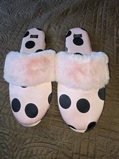 Victoria Secret Pink And Black Polka Dots Satin Faux Fur Slippers Large 9-10