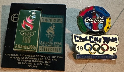 Lot of 2: 1996 Summer Olympics Atlanta:  Early Flame Pin & Coca-Cola Radio Pin - Picture 1 of 2