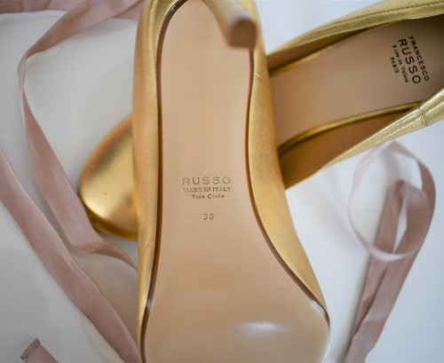 $740 FRANCESCO RUSSO Metallic Gold NAPPA Leather Tie PUMPS Shoes EUR-38 US-8 - Picture 12 of 12