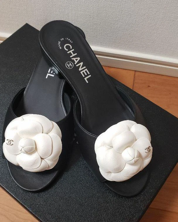 CHANEL Black Sandals w/White Camellia Flowers at Rice and Beans