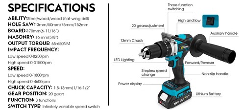 Trapano avvitatore elettrico potente mandrino 13mm brushless batteria martello a percussione - Foto 10 di 19