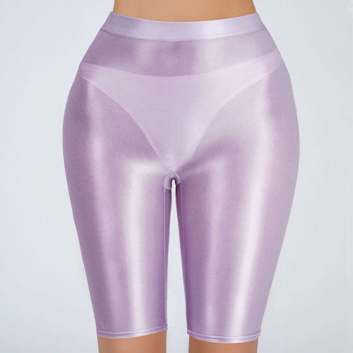 Women's High Elastic Fitness Shorts Leggings Shiny Satin Knee Length Short Pants - Picture 6 of 18