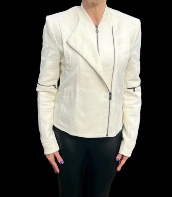 BCBG Max Azria Womens Dru Off White Crop Cotton Weave Moto Jacket  Zippers XS