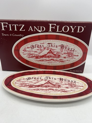 Fitz & Floyd Town Country Oval Tray "Bless This House" Red 2007 In Box Vintage
