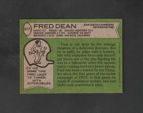 1978 Topps Fred Dean RC #217 ~~ Chargers - Picture 2 of 2