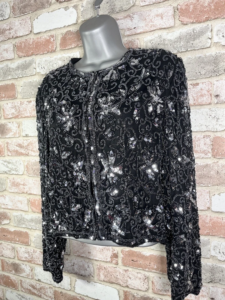 Lawrence Kazar Beaded Jacket Sequin Vintage Sz PM 1980s Evening Jacket Silk - Image 3 of 4