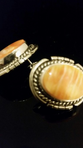 Orange Spiny Oyster Sterling Silver Earrings Navajo Signed Cecil Atencio - Picture 11 of 11