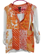 Multiples Womens Top Medium Orange White Paisley Patchwork Beaded Tab Sleeve