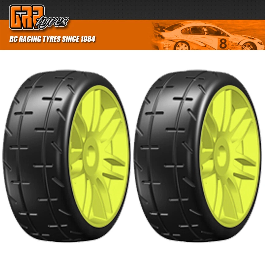 NEW GRP GT T01 REVO S7 MediumHard Belted Tire with Spoked Yellow Wheel (2) - Image 1 of 1