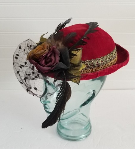 Vintage Ladies Hat Red Velvet with Black Lace Feathers and Flowers - Picture 6 of 22