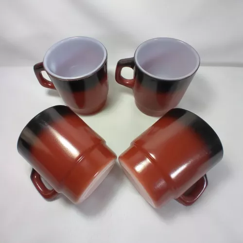 Set of 4 Vintage Fire King Anchor Hocking Red Brown Ombre Stacking Coffee Mugs