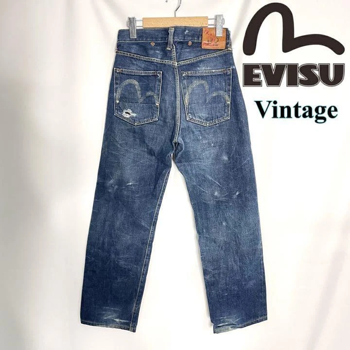 Evisu Denim Jeans Blue Indigo No.2 Lot.2504 White Seagull Paint 29×35 Used Auth
