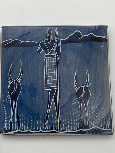 Vintage Blue and Beige Stone Six Coasters in Holder African Art - Picture 6 of 11