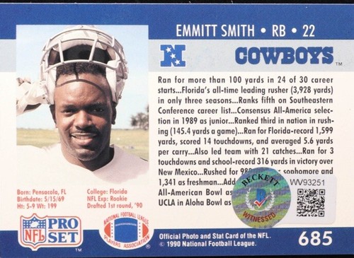 Carta Emmitt Smith firmata 1990 set professionale #685 RC (Beckett) - Foto 2 di 2