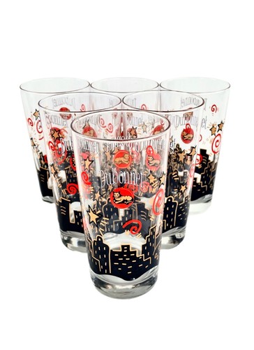 Vintage Dubonnet Drinking Glasses Skyline Cat in Moon, Set of 6  - Picture 1 of 5
