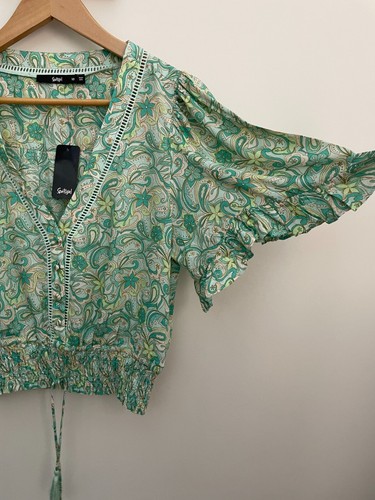 SPORTSGIRL Cropped Boho Blouse Size 10 Green Paisley Print NEW with Tags - Picture 2 of 8