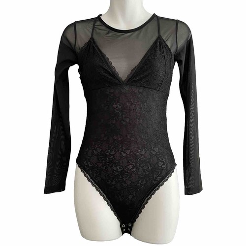 Allsaints Nyla Lace Bodysuit Top Size 0 Womens Black Double Layered Mesh Sexy