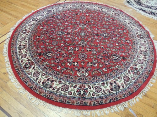 7x7 ROUND Oriental Rug wool hand-knotted Red Blue Navy Green - Picture 9 of 10