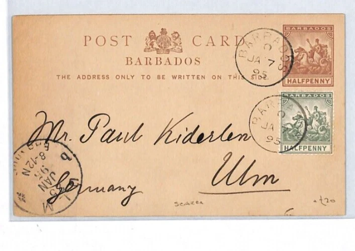 Барбадос QV 1⁄2d зеленый улучшенный 1⁄2d коричневый канцелярские товары карта 1895 Ульм {samwells}XC129 - Изображение 2 из 4