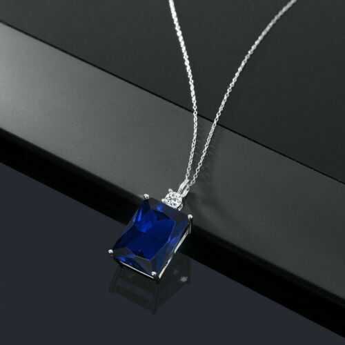 2.00 Ct Emerald Lab Created Blue Sapphire Women's Pendant 14K White Gold Plated - Picture 1 of 10