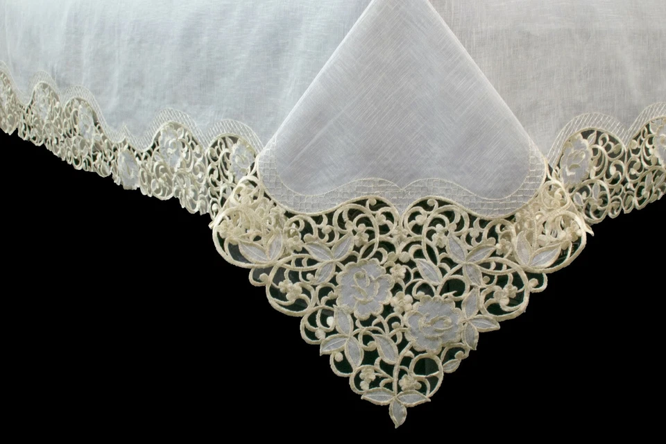 Beige 72x126" Floral Embroidered Cutwork Organza Tablecloth 12 Napkins Wedding - Image 2 of 4